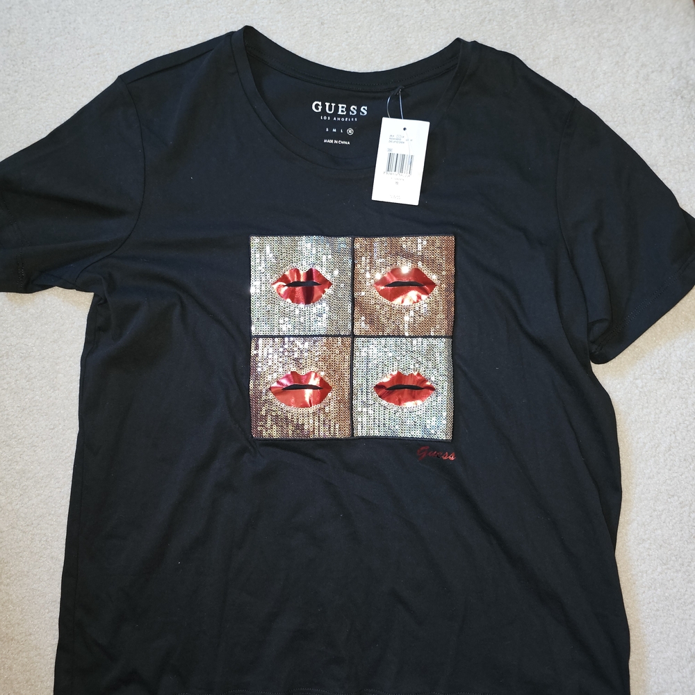 Guess Black Tee with Sequin Lip Art